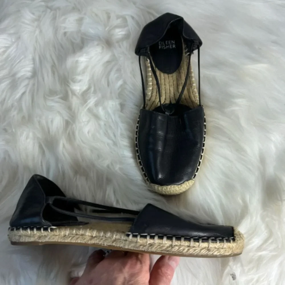Eileen Fisher Lee‎ Black Leather Espadrille Flats Sz 7.5